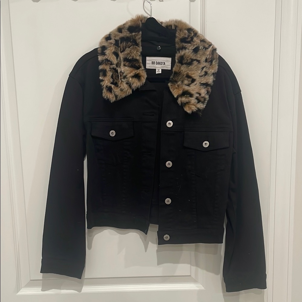 BB Dakota Black Denim Jacket with Leopard Print Collar (removable)